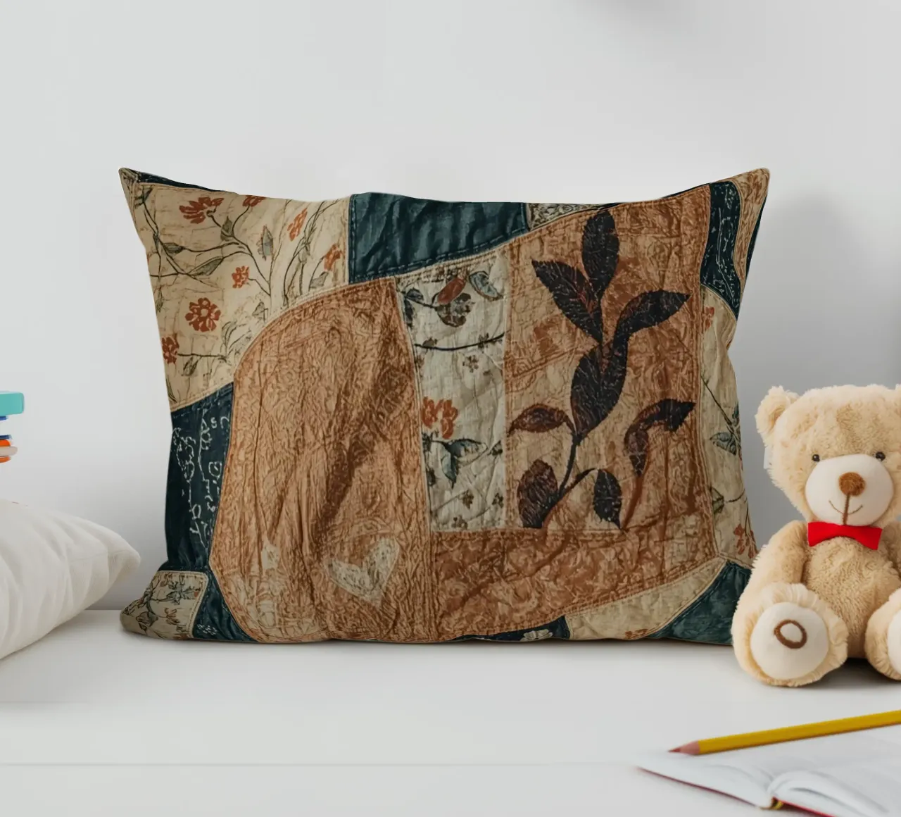 Patchwork Quilt with Floral and Abstract Patterns decorative cushion by DesignDoodle