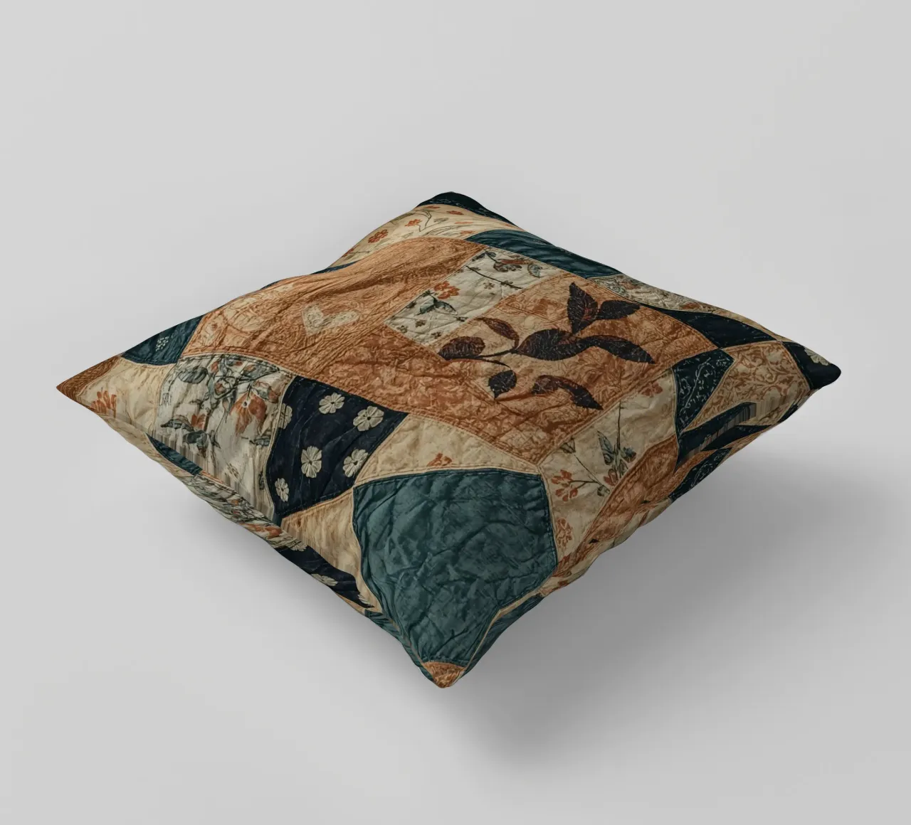 Patchwork Quilt with Floral and Abstract Patterns decorative cushion by DesignDoodle