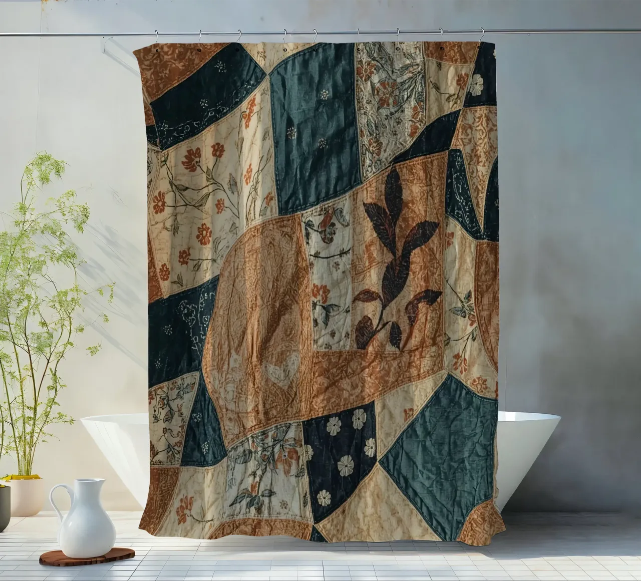 Patchwork Quilt with Floral and Abstract Patterns shower curtain by DesignDoodle