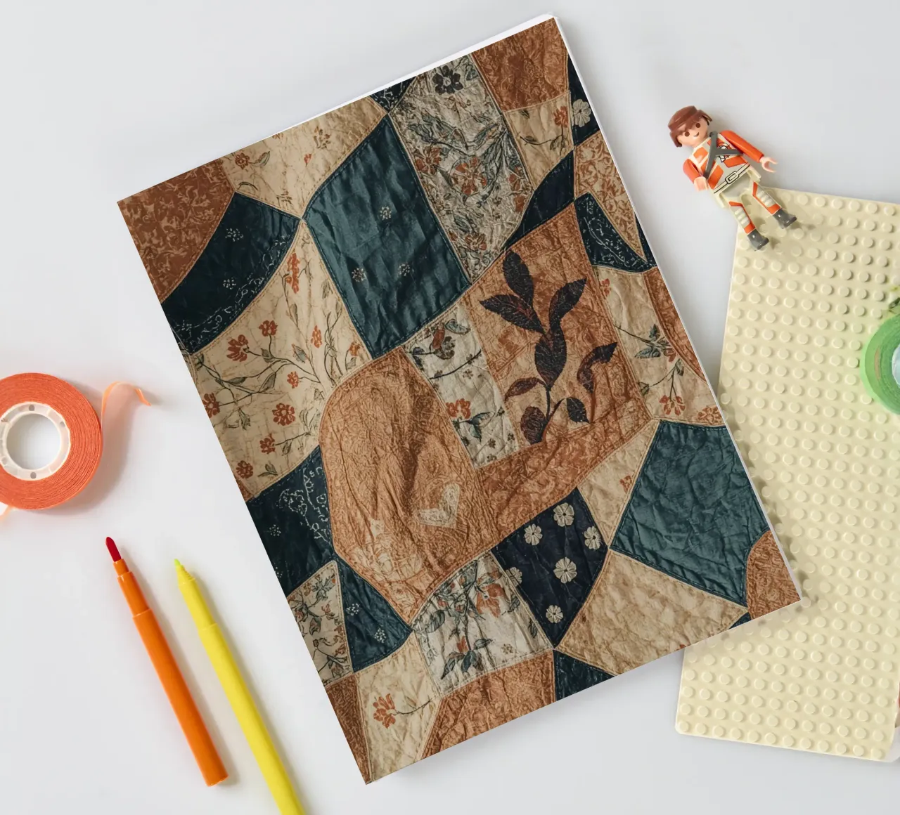 Patchwork Quilt with Floral and Abstract Patterns notebook by DesignDoodle