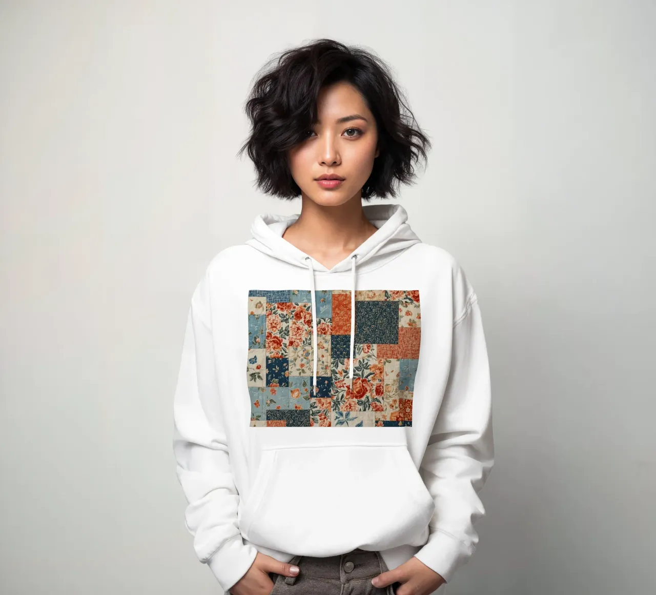 Trapunta patchwork con motivi floreali e geometrici felpa con cappuccio da DesignDoodle