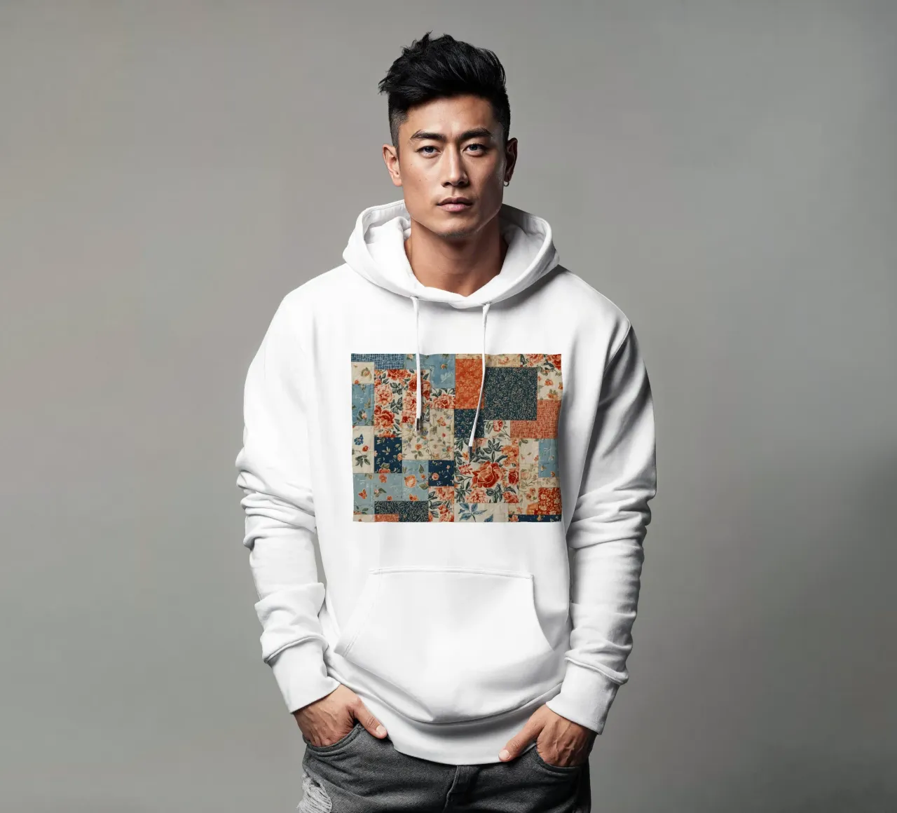 Trapunta patchwork con motivi floreali e geometrici felpa con cappuccio da DesignDoodle