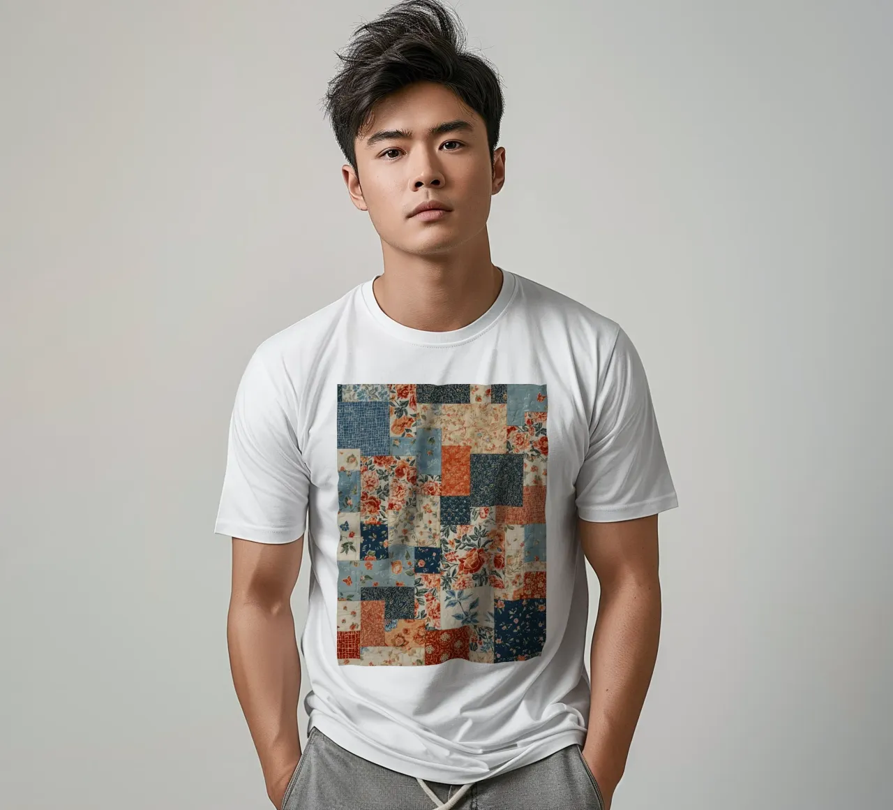 Patchwork Quilt with Floral and Geometric Patterns t-shirt by DesignDoodle