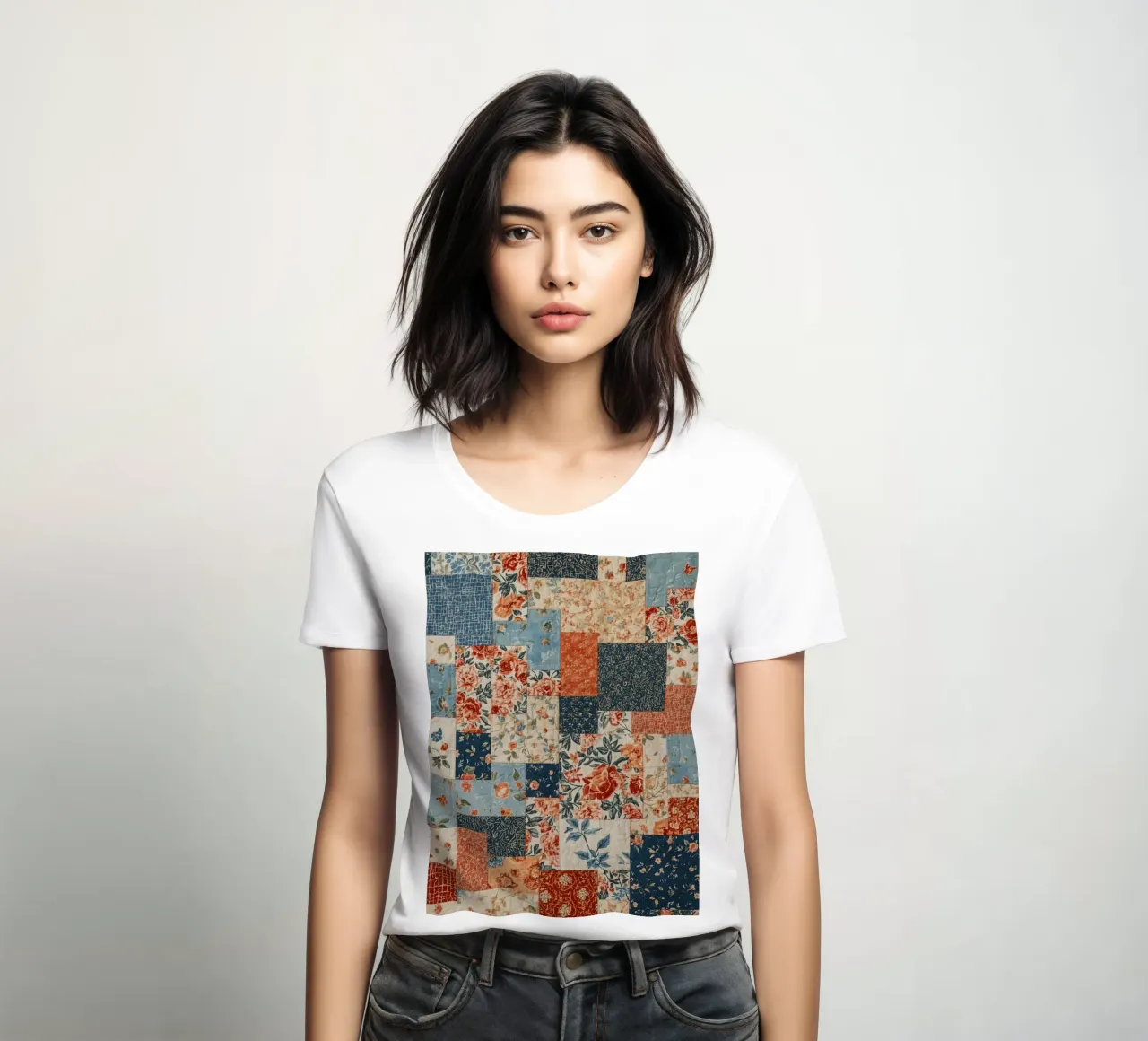 Patchwork Quilt with Floral and Geometric Patterns women's fitted t-shirt by DesignDoodle