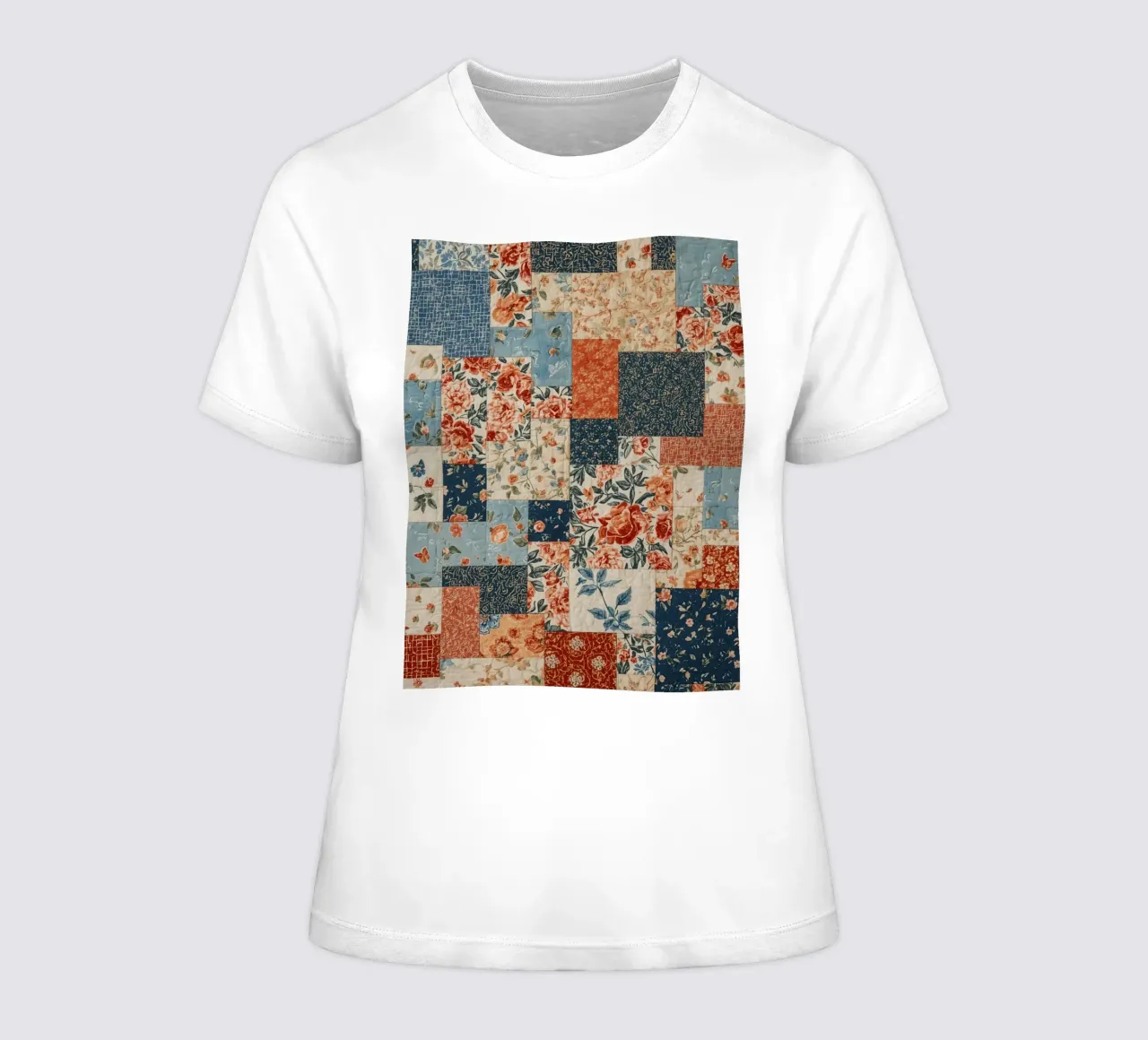 Patchwork Quilt with Floral and Geometric Patterns women's fitted t-shirt by DesignDoodle