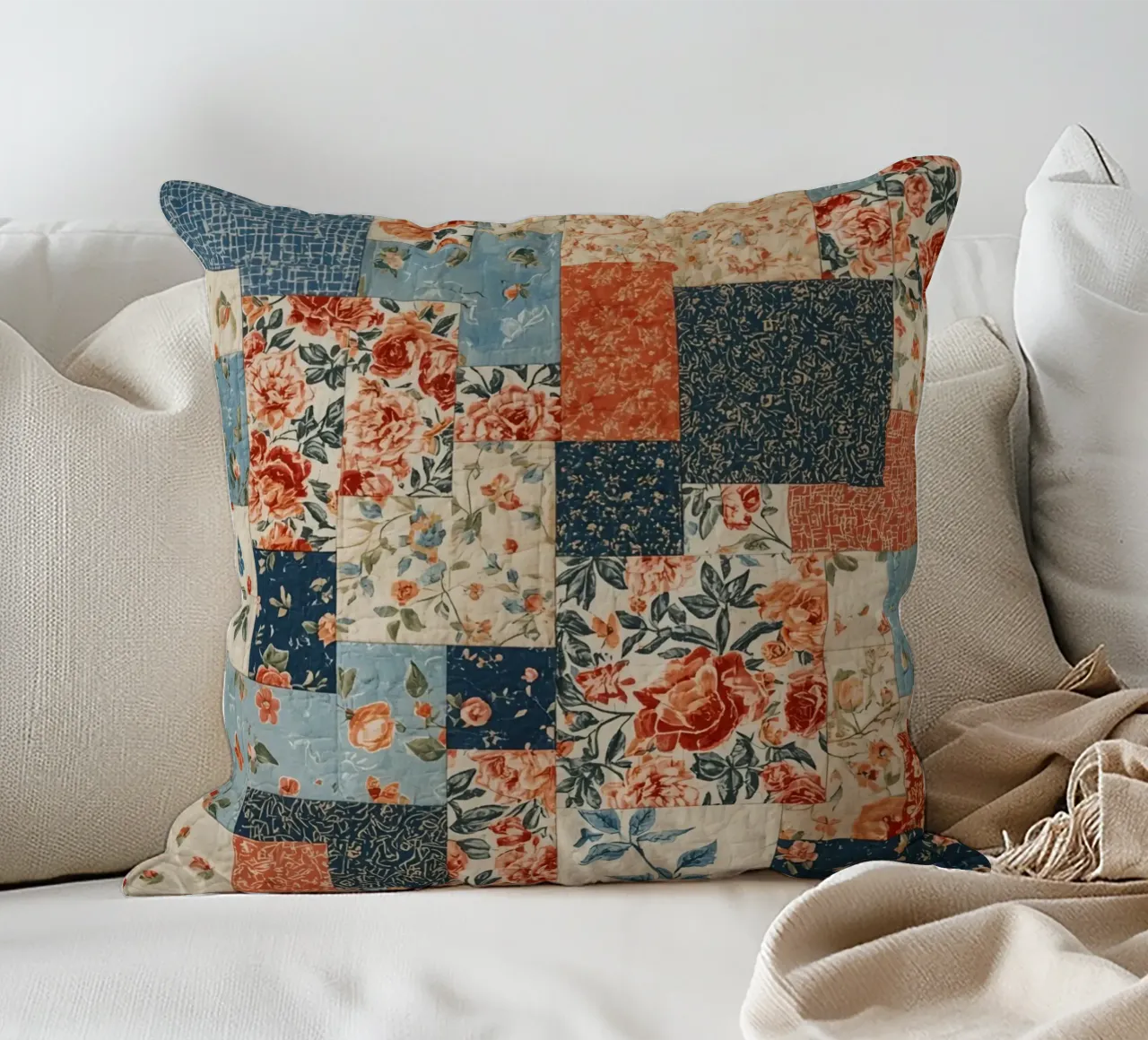 Patchwork Quilt with Floral and Geometric Patterns decorative cushion by DesignDoodle