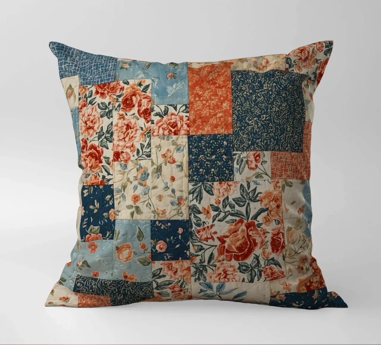Patchwork Quilt with Floral and Geometric Patterns decorative cushion by DesignDoodle