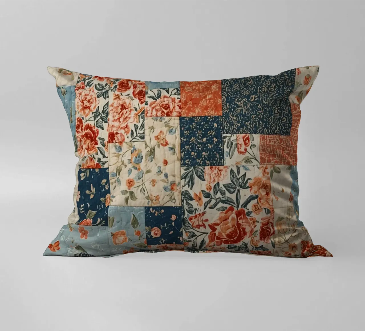 Patchwork Quilt with Floral and Geometric Patterns decorative cushion by DesignDoodle