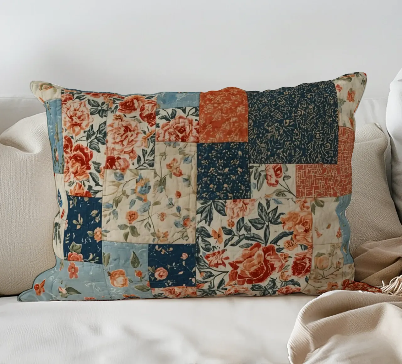 Patchwork Quilt with Floral and Geometric Patterns decorative cushion by DesignDoodle