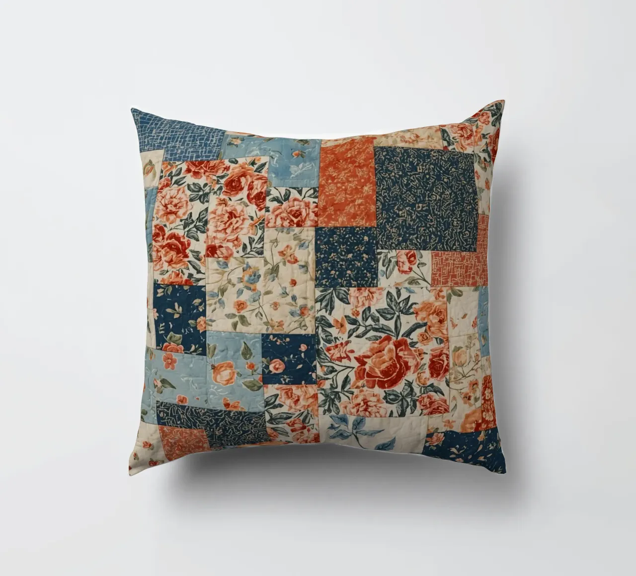 Patchwork Quilt with Floral and Geometric Patterns decorative cushion by DesignDoodle
