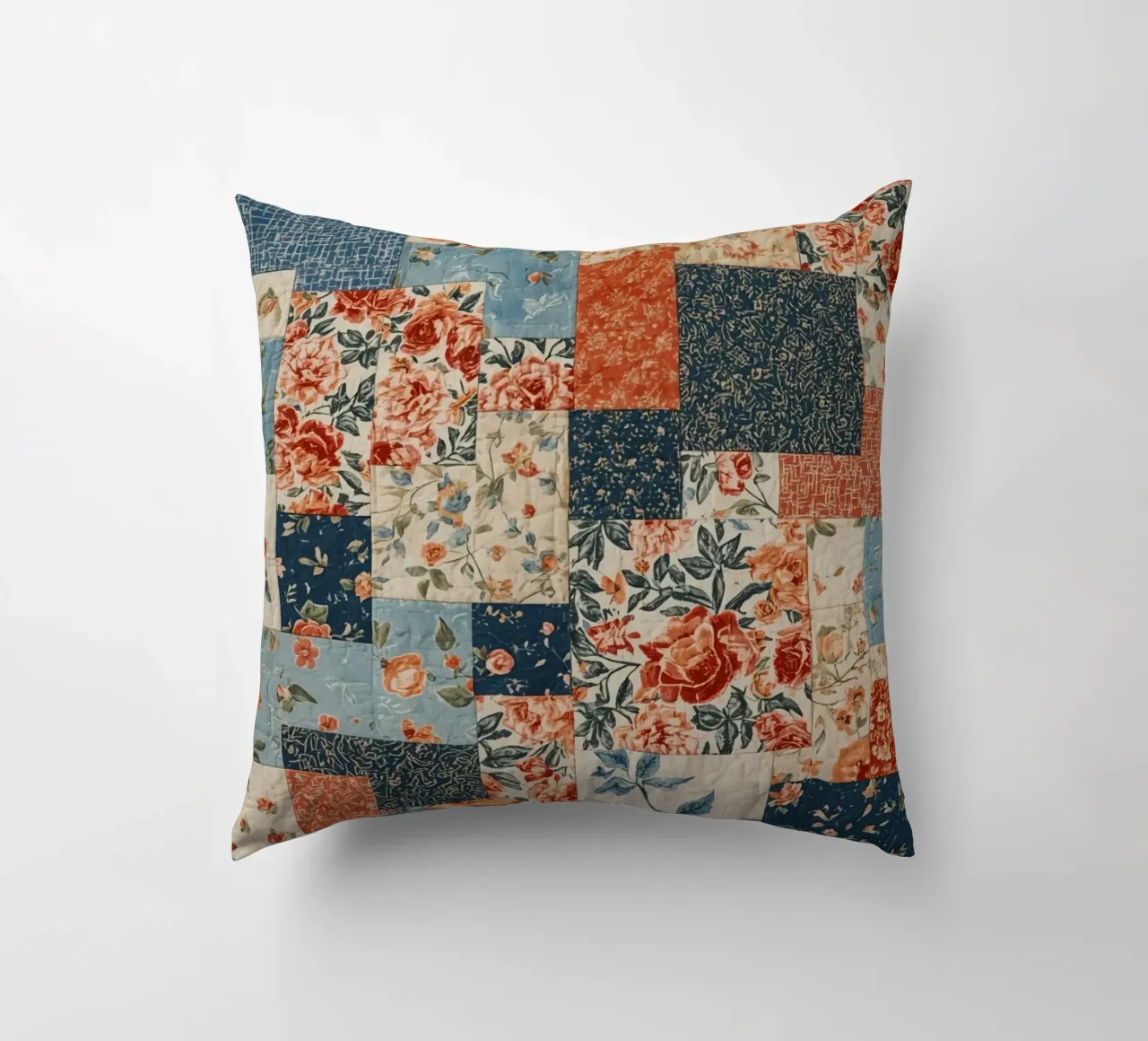 Patchwork Quilt with Floral and Geometric Patterns decorative cushion by DesignDoodle