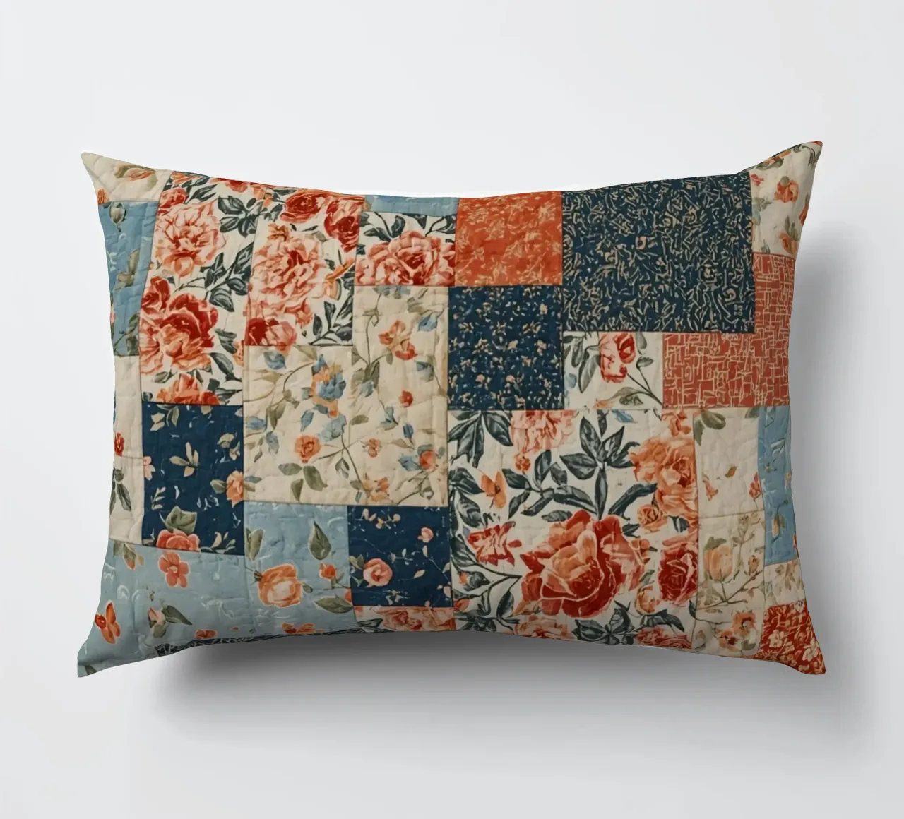 Patchwork Quilt with Floral and Geometric Patterns decorative cushion by DesignDoodle