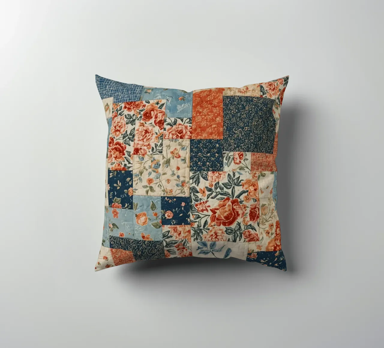 Patchwork Quilt with Floral and Geometric Patterns decorative cushion by DesignDoodle