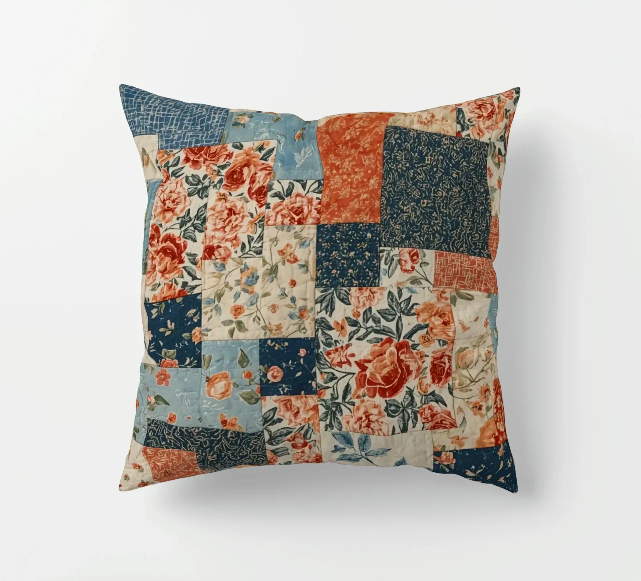 Patchwork Quilt with Floral and Geometric Patterns decorative cushion by DesignDoodle
