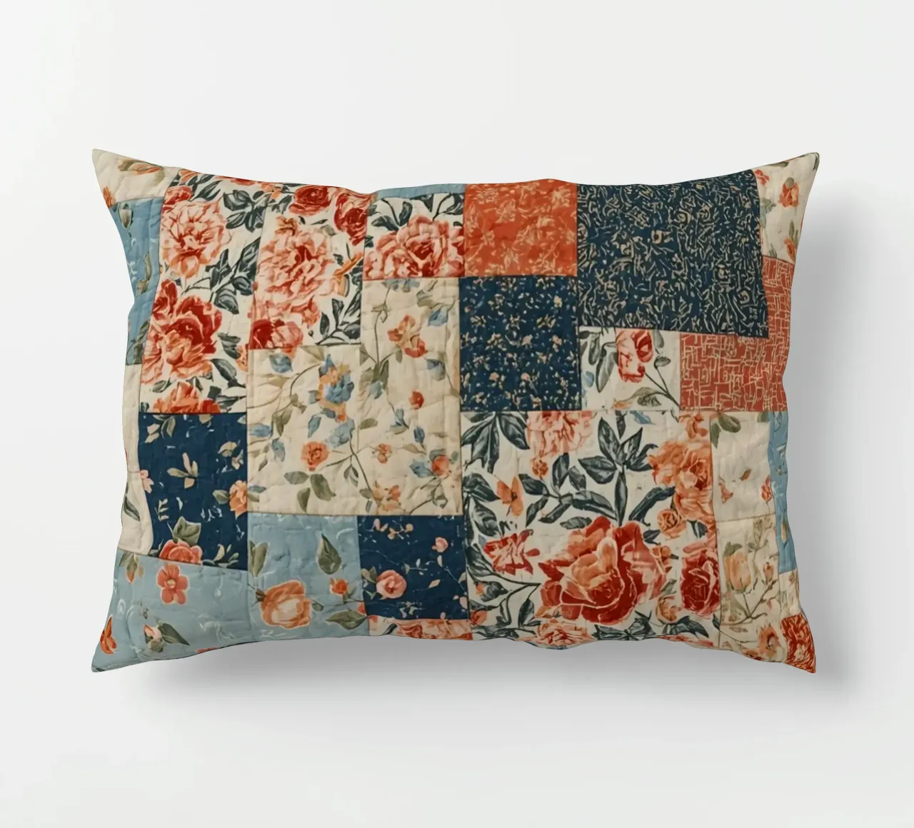 Patchwork Quilt with Floral and Geometric Patterns decorative cushion by DesignDoodle