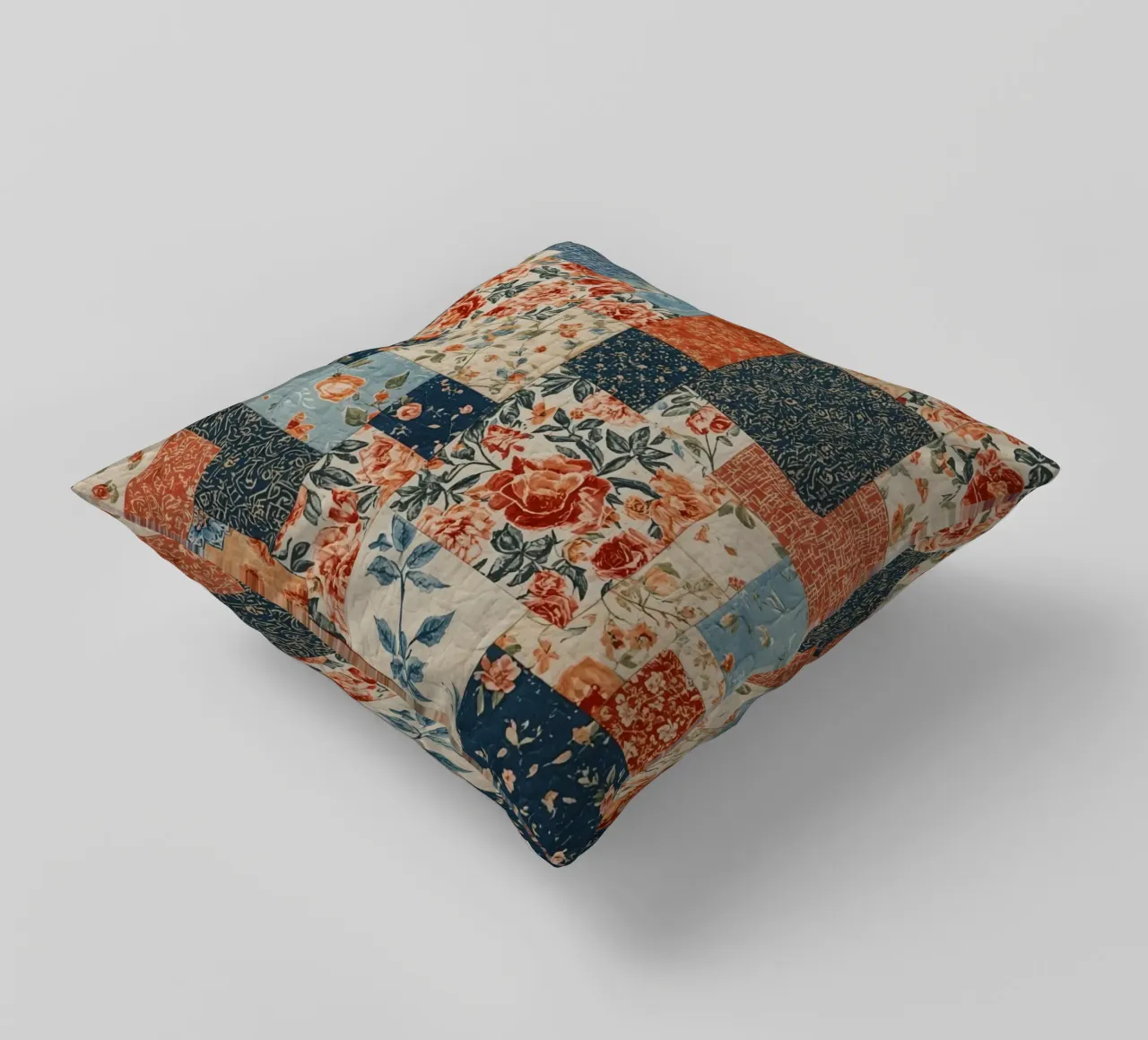 Patchwork Quilt with Floral and Geometric Patterns decorative cushion by DesignDoodle