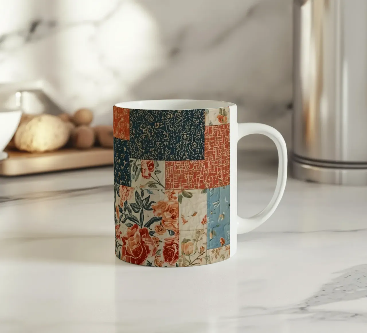 Trapunta patchwork con motivi floreali e geometrici tazza in ceramica da DesignDoodle