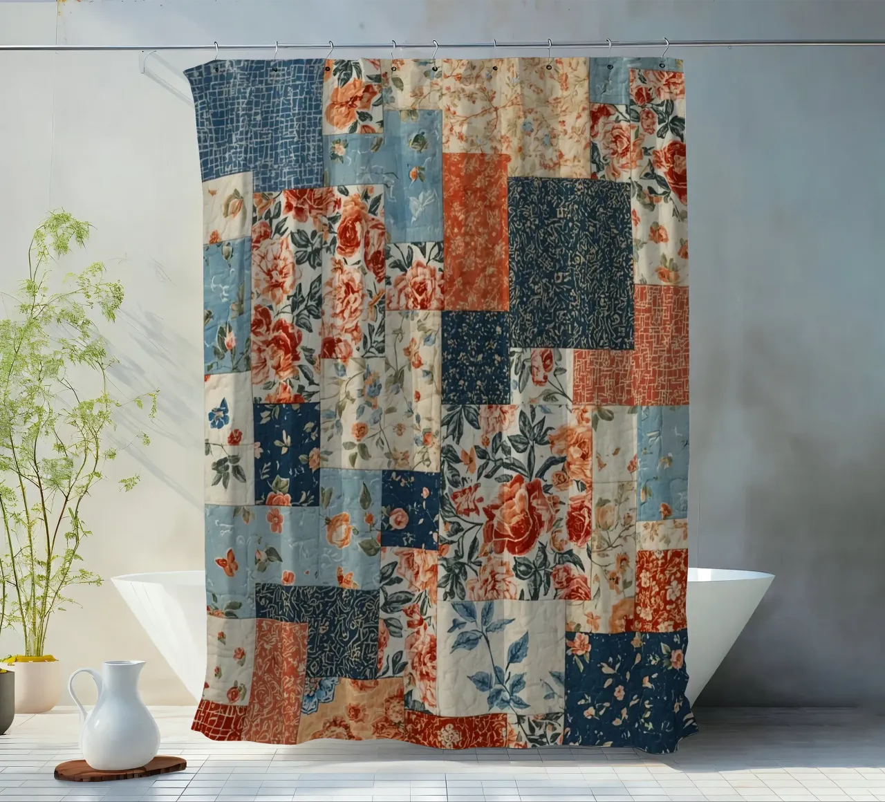 Patchwork Quilt with Floral and Geometric Patterns shower curtain by DesignDoodle