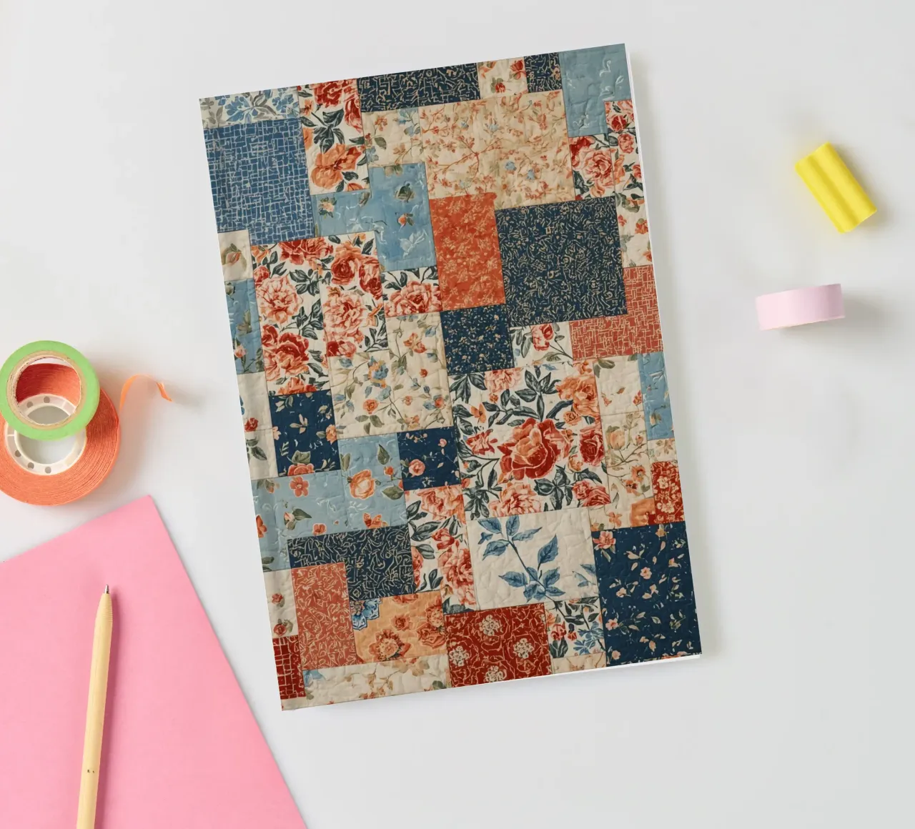 Patchwork Quilt with Floral and Geometric Patterns notebook by DesignDoodle
