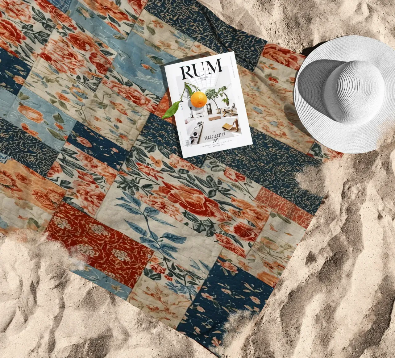 Patchwork Quilt with Floral and Geometric Patterns beach towel by DesignDoodle