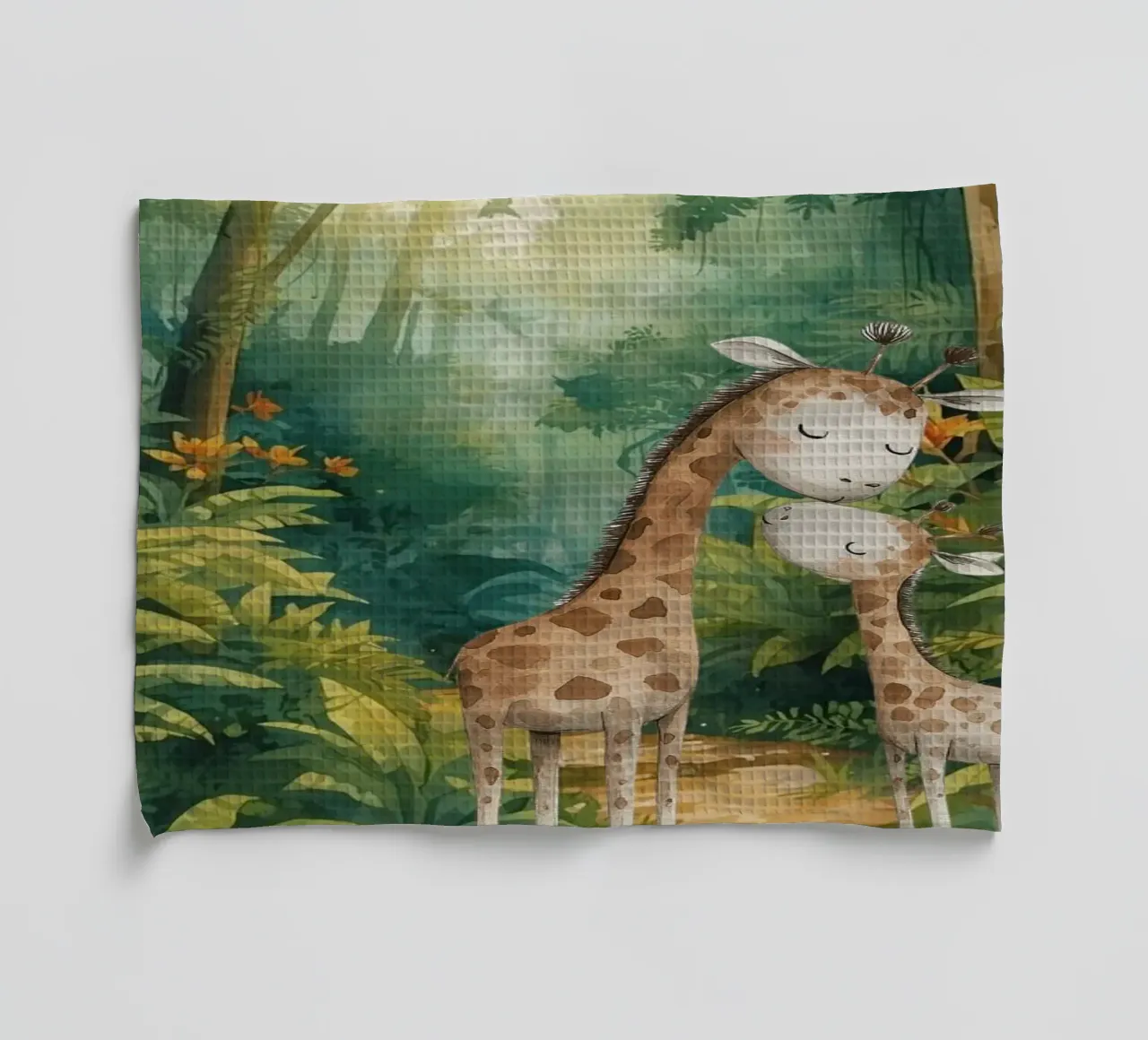 Vredige giraffen in regenwoudpad theedoek van Doodle Dreams Art