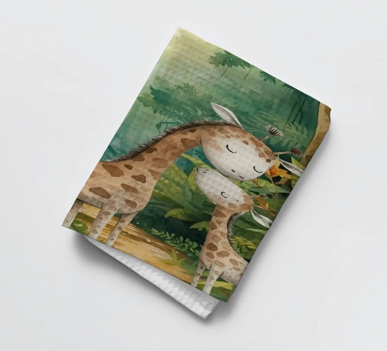 Vredige giraffen in regenwoudpad theedoek van Doodle Dreams Art