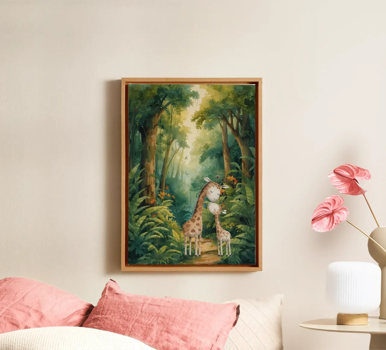 Vredige giraffen in regenwoudpad canvas van Doodle Dreams Art