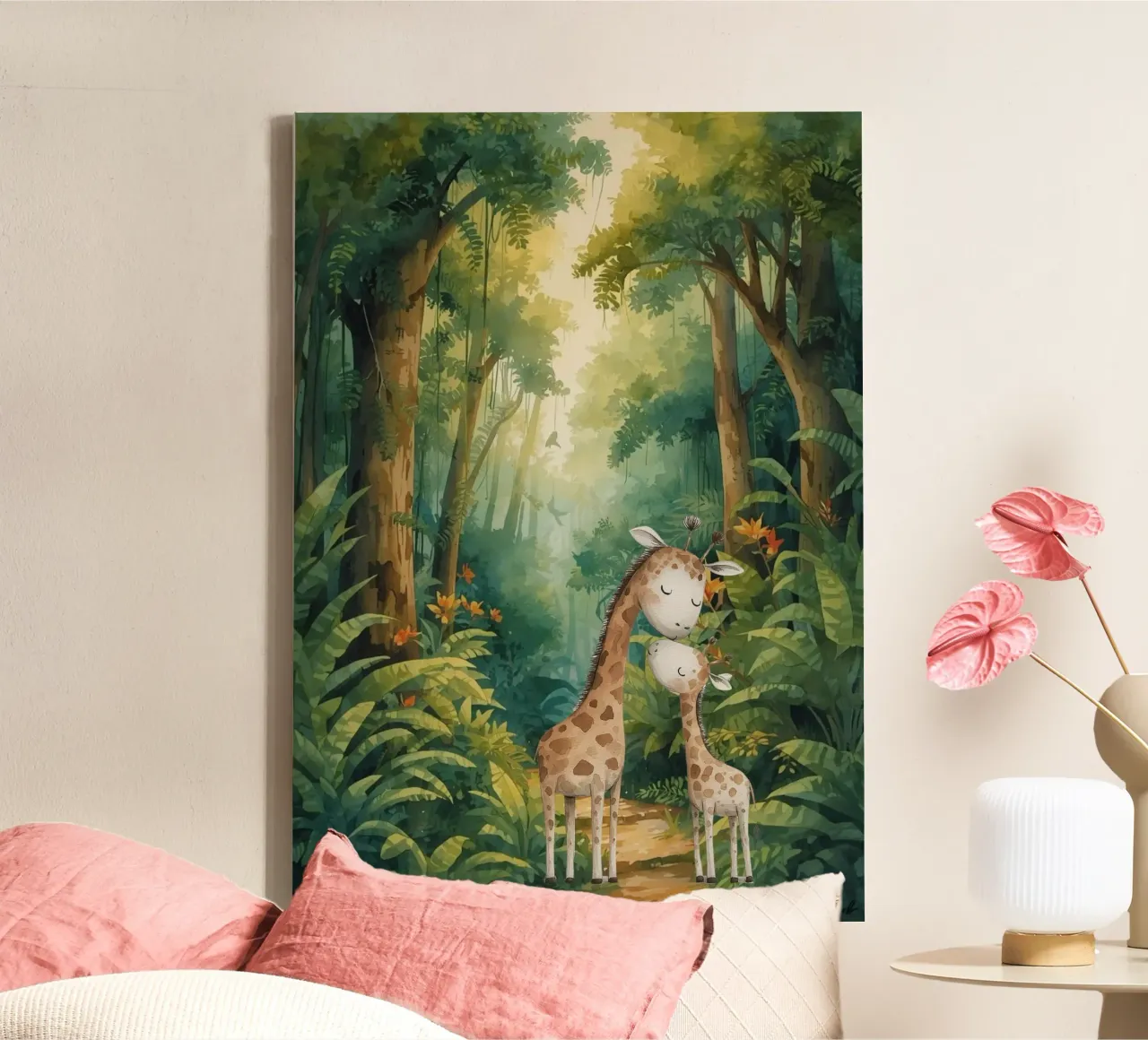 Vredige giraffen in regenwoudpad canvas van Doodle Dreams Art