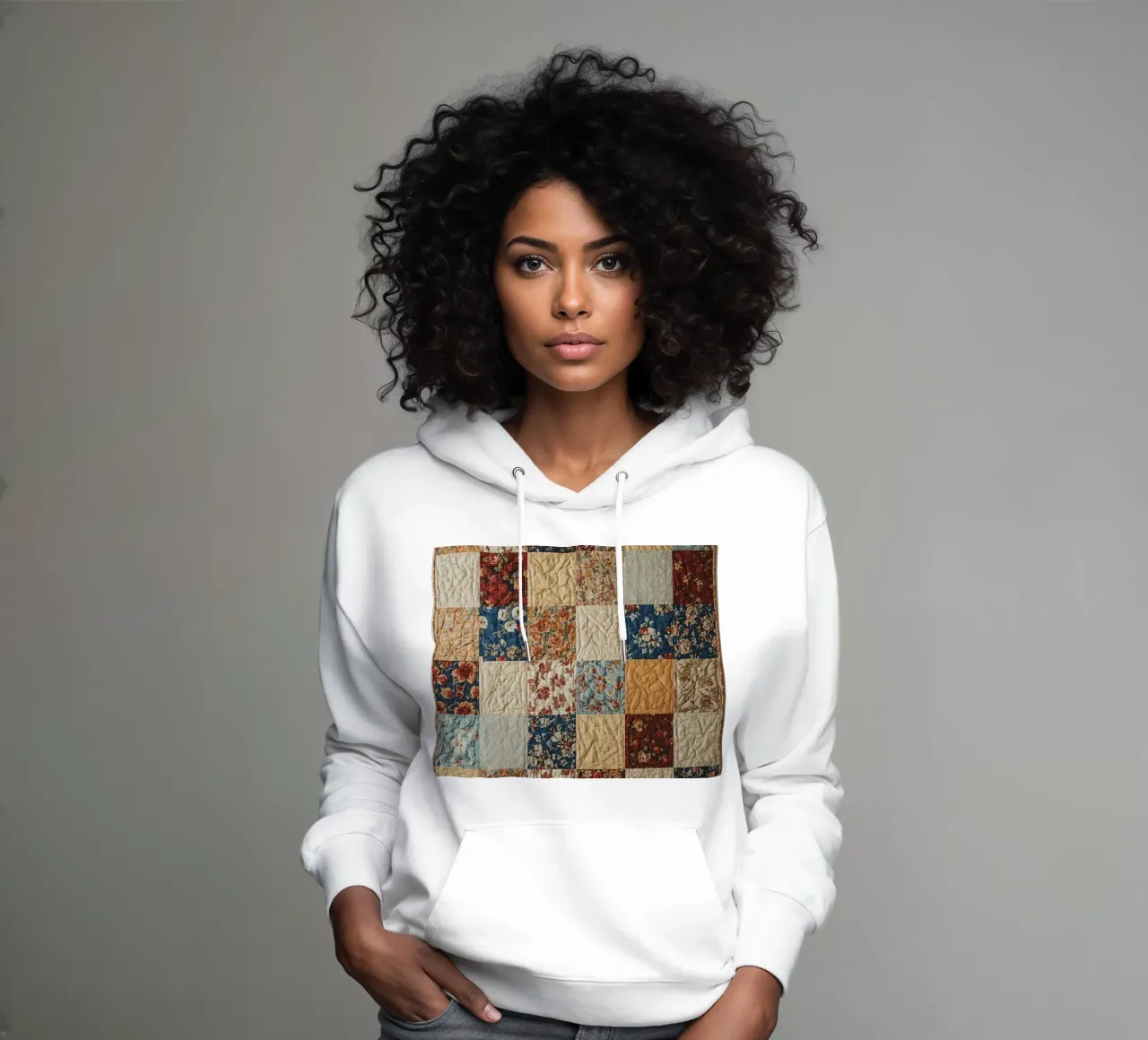 Trapunta patchwork con quadrati floreali e trapuntati felpa con cappuccio da DesignDoodle