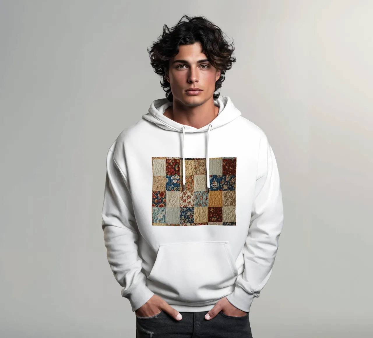 Trapunta patchwork con quadrati floreali e trapuntati felpa con cappuccio da DesignDoodle