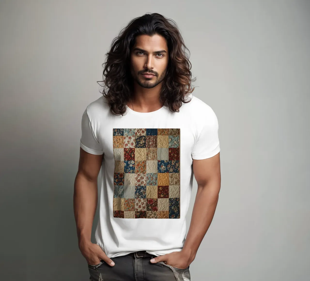 Trapunta patchwork con quadrati floreali e trapuntati t-shirt da DesignDoodle