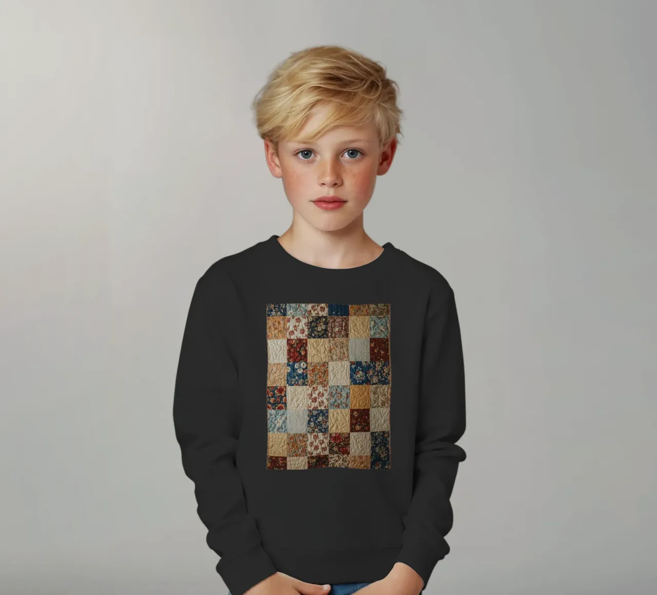 Patchwork-Quilt mit floralen und gesteppten Quadraten Kinder Sweatshirt von DesignDoodle