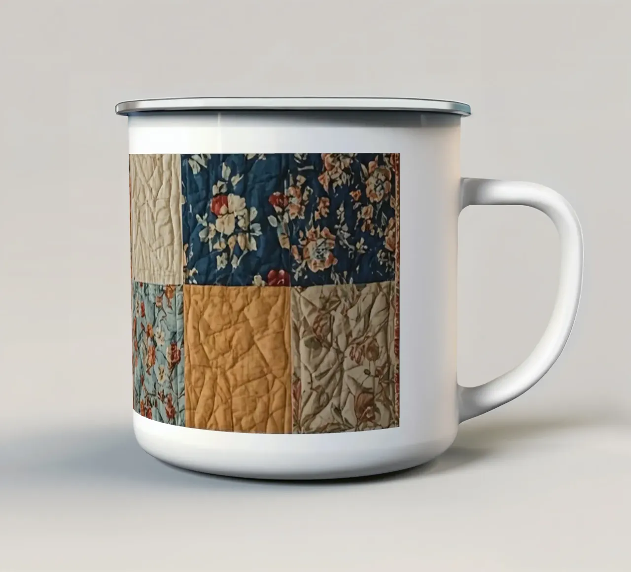 Patchwork Quilt with Floral and Quilted Squares enamel mug by DesignDoodle