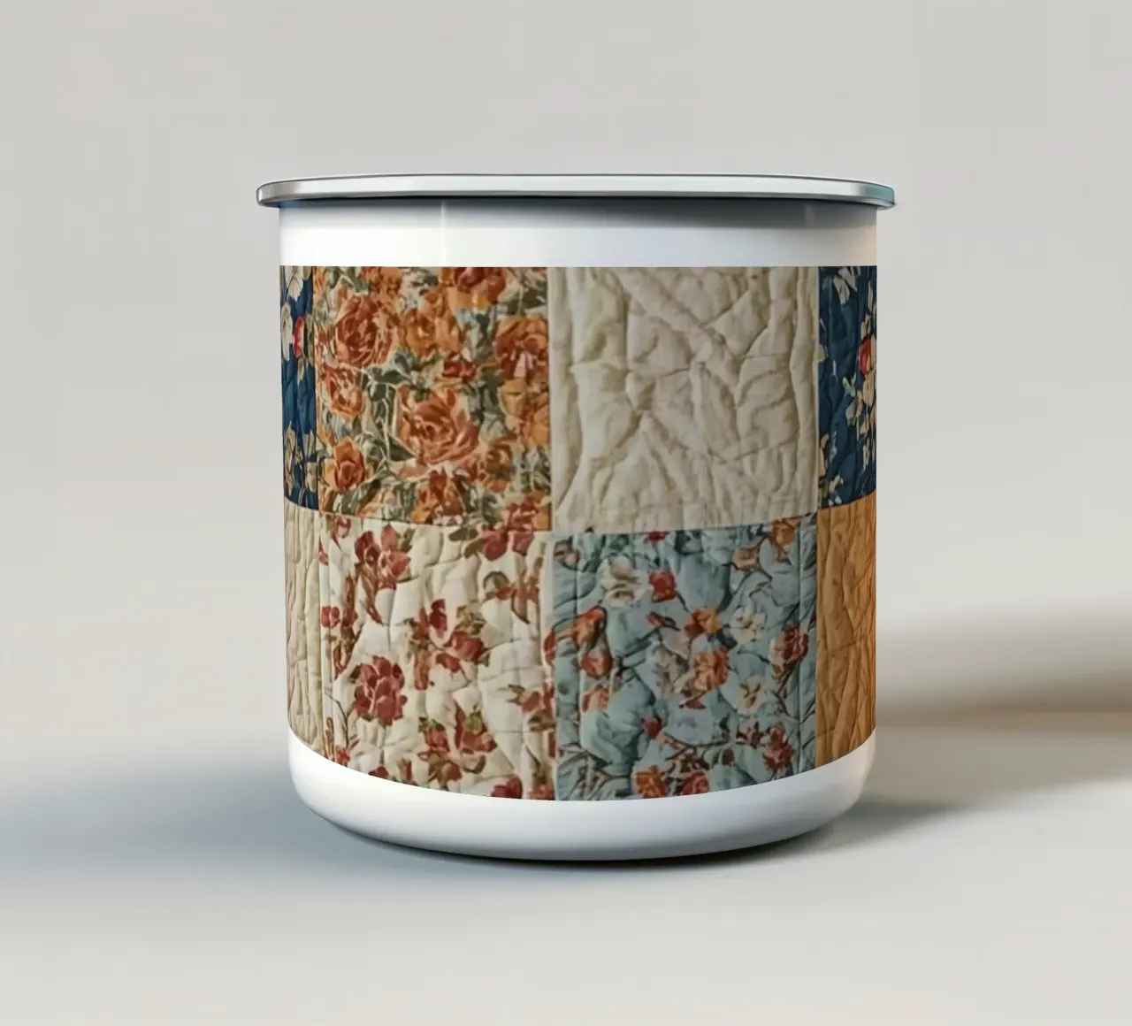 Patchwork Quilt with Floral and Quilted Squares enamel mug by DesignDoodle