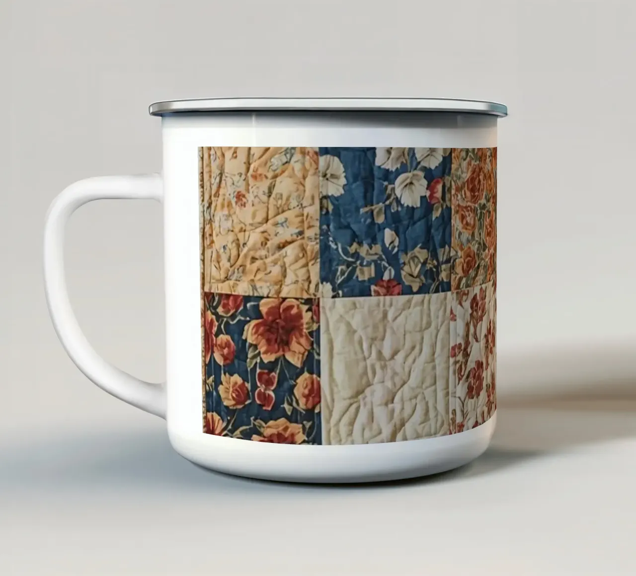 Patchwork Quilt with Floral and Quilted Squares enamel mug by DesignDoodle
