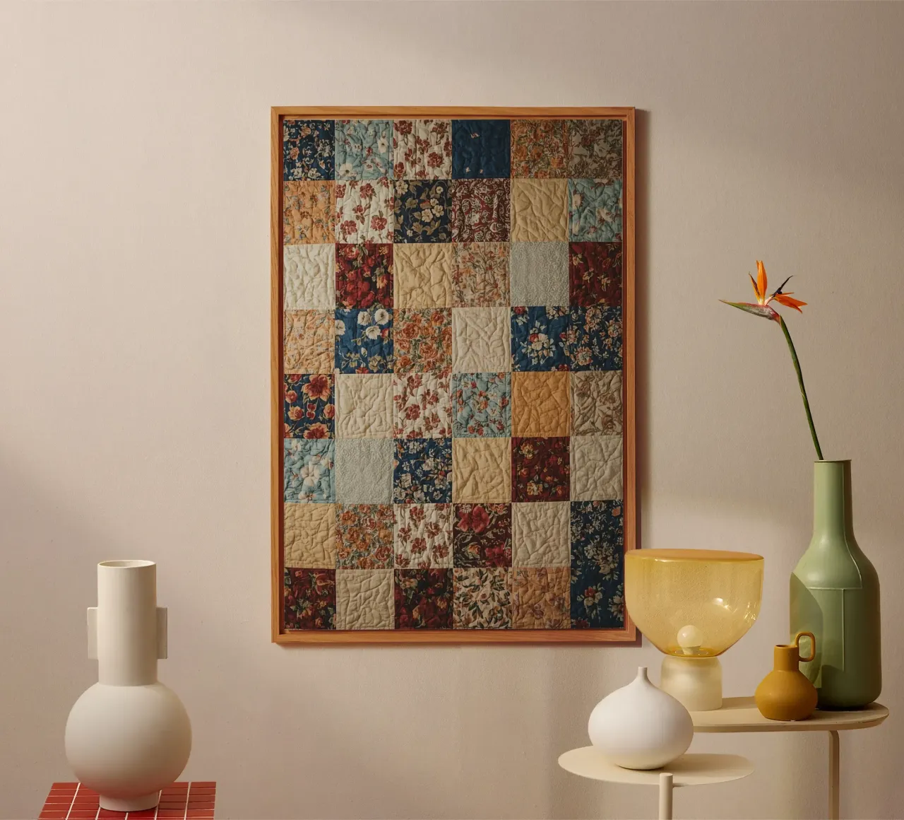 Trapunta patchwork con quadrati floreali e trapuntati alluminio dibond da DesignDoodle