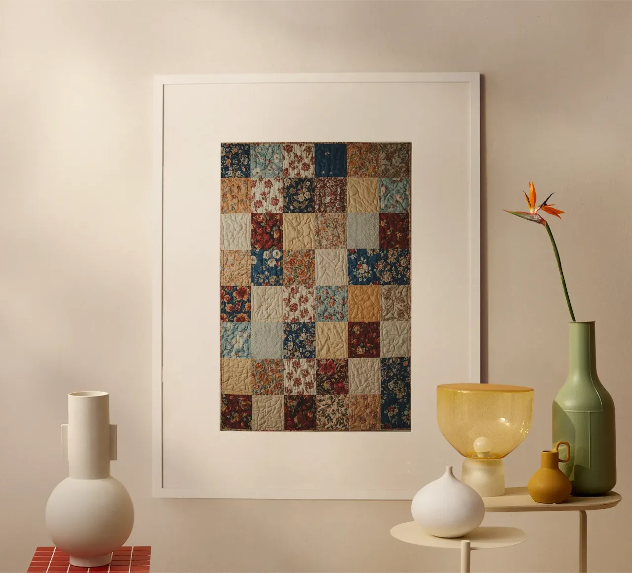 Trapunta patchwork con quadrati floreali e trapuntati poster da DesignDoodle