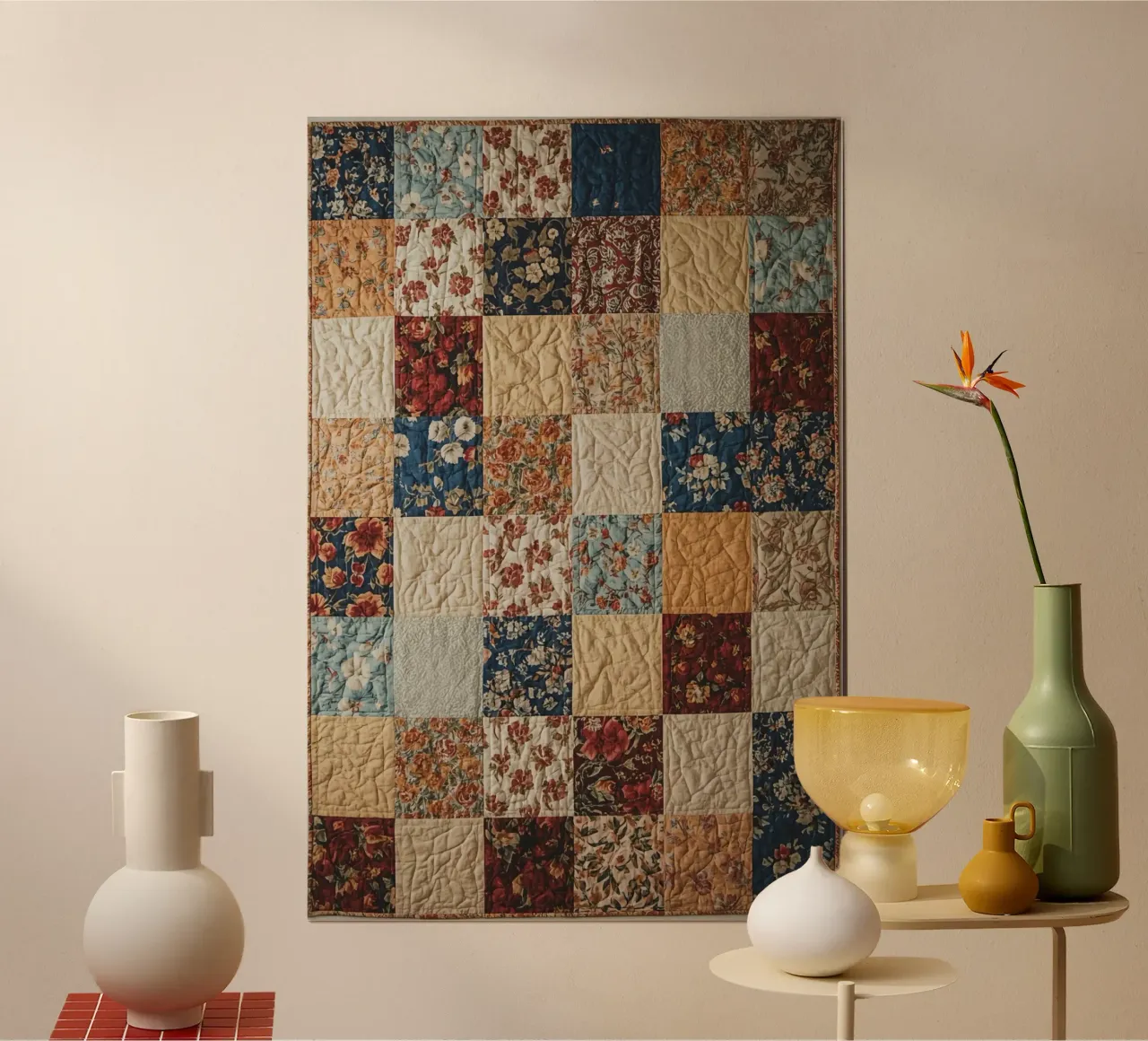 Trapunta patchwork con quadrati floreali e trapuntati poster da DesignDoodle