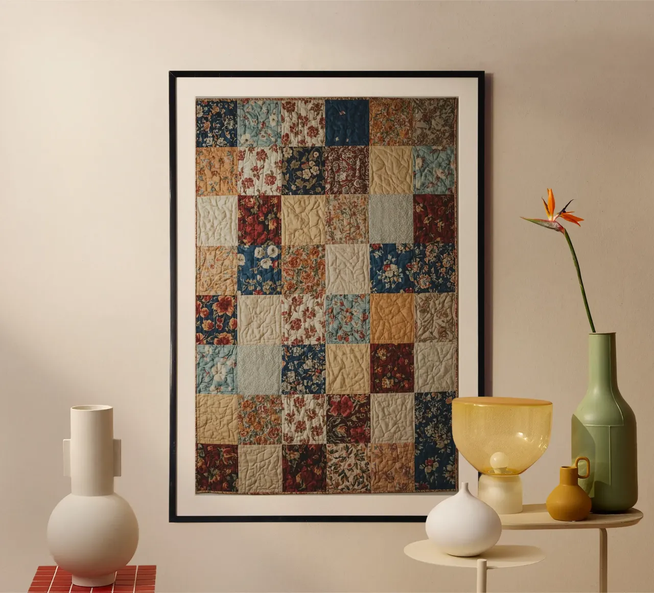 Trapunta patchwork con quadrati floreali e trapuntati poster da DesignDoodle