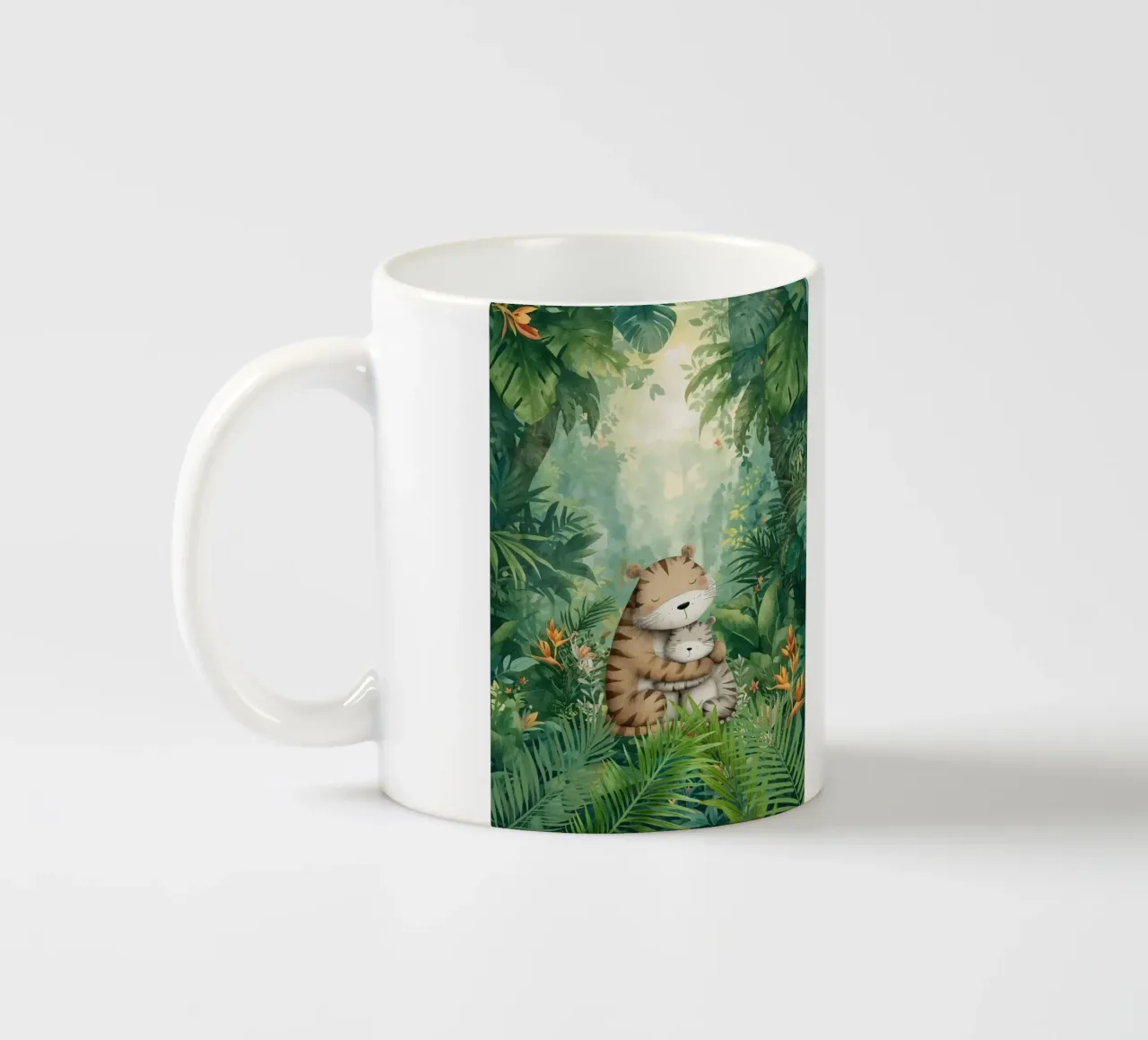 Madre e cucciolo di tigre nella giungla tropicale tazza in ceramica da Doodle Dreams Art