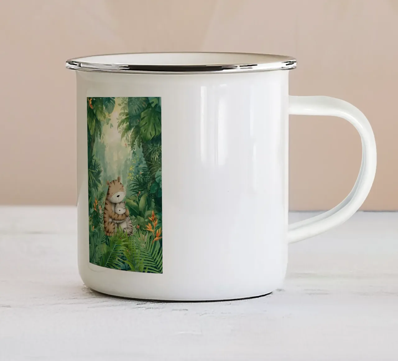 Madre e cucciolo di tigre nella giungla tropicale tazza in smalto da Doodle Dreams Art