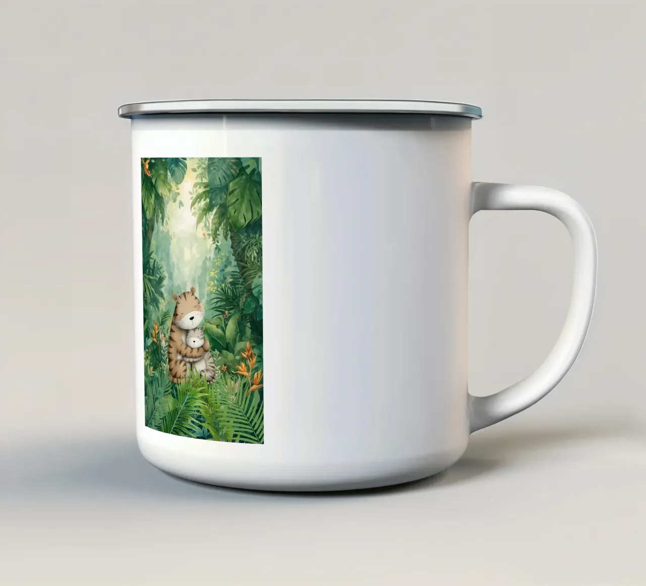Madre e cucciolo di tigre nella giungla tropicale tazza in smalto da Doodle Dreams Art