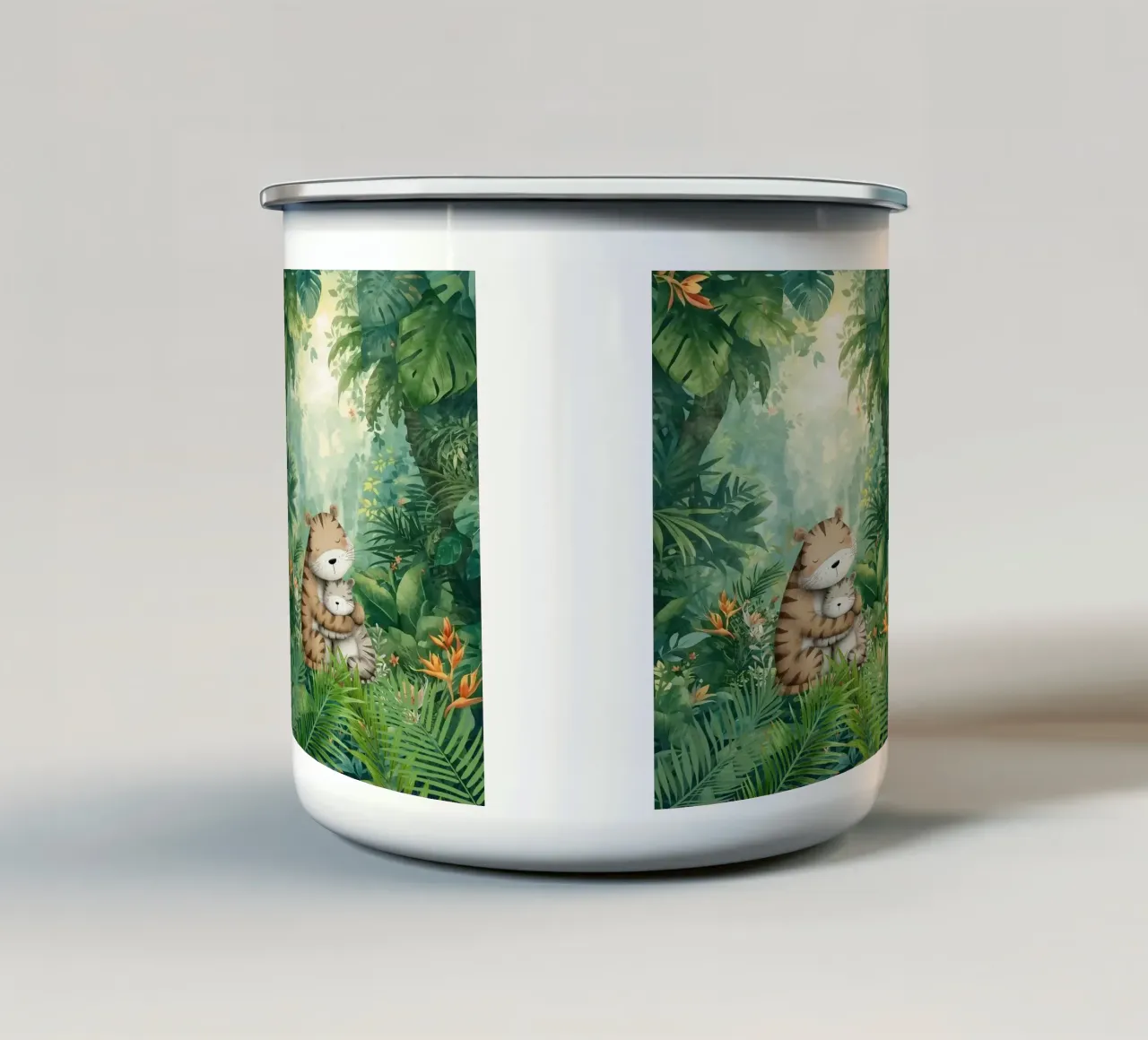 Madre e cucciolo di tigre nella giungla tropicale tazza in smalto da Doodle Dreams Art