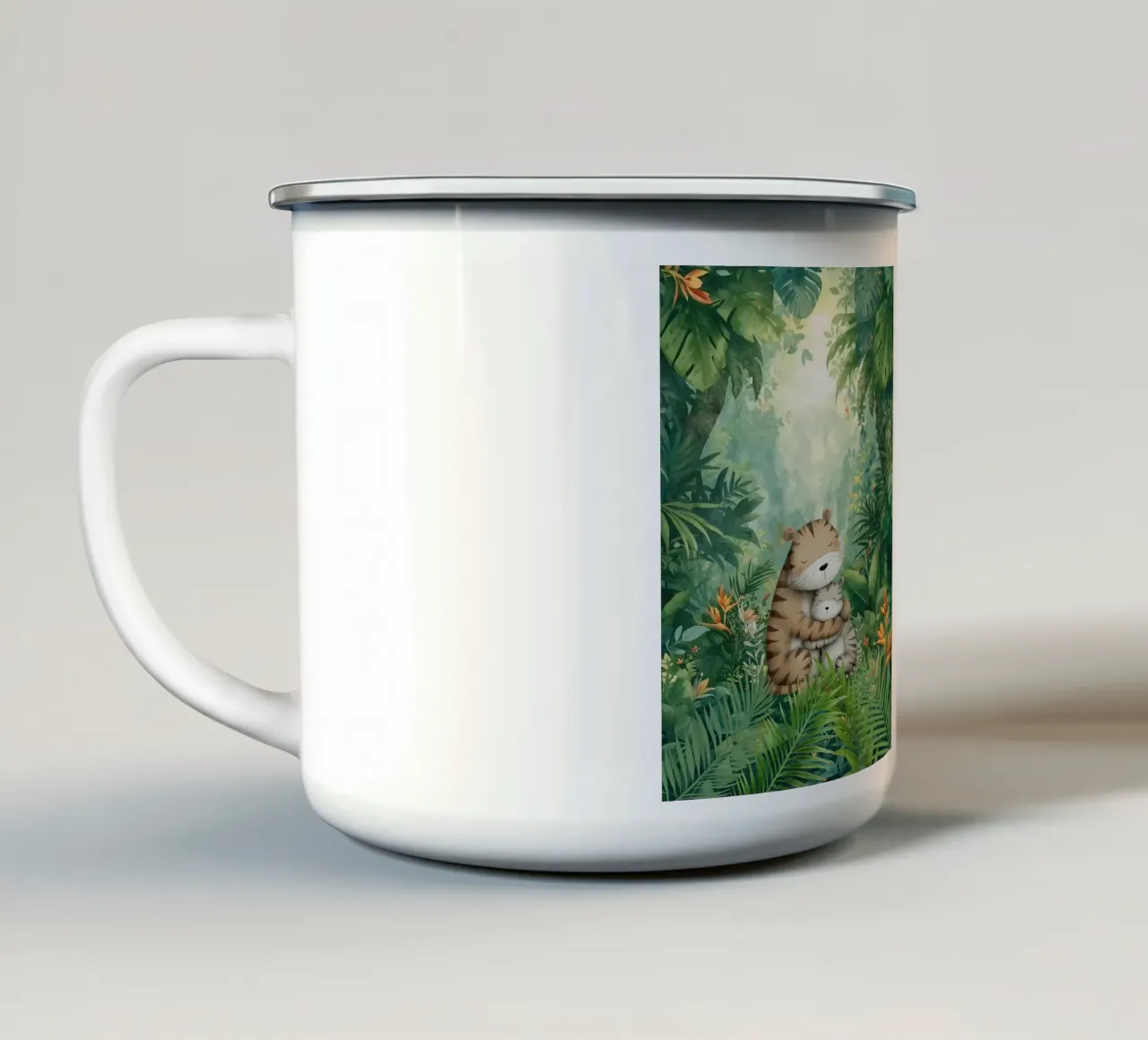 Madre e cucciolo di tigre nella giungla tropicale tazza in smalto da Doodle Dreams Art