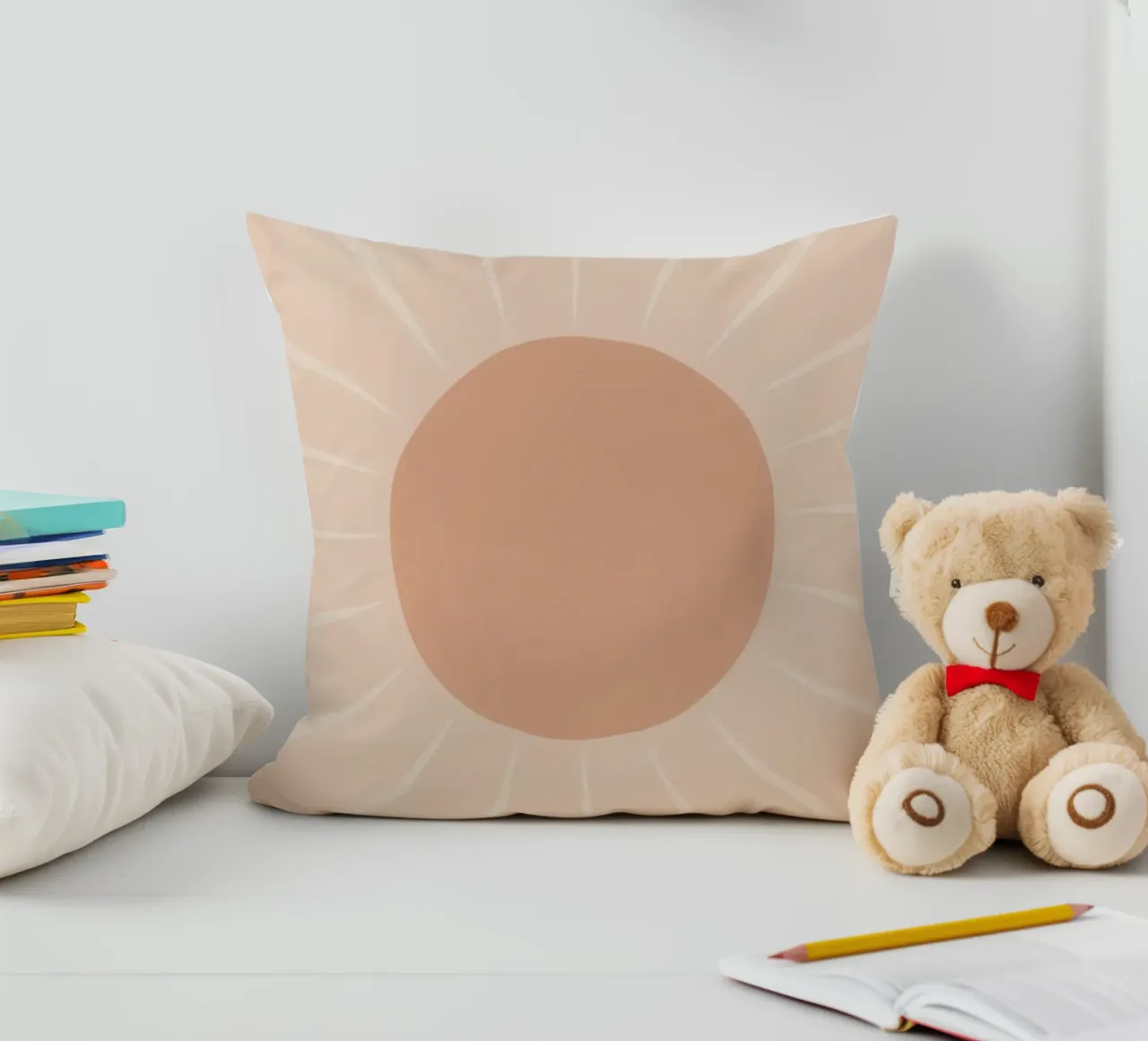 Peach Circle and Rays Background decorative cushion by DesignDoodle