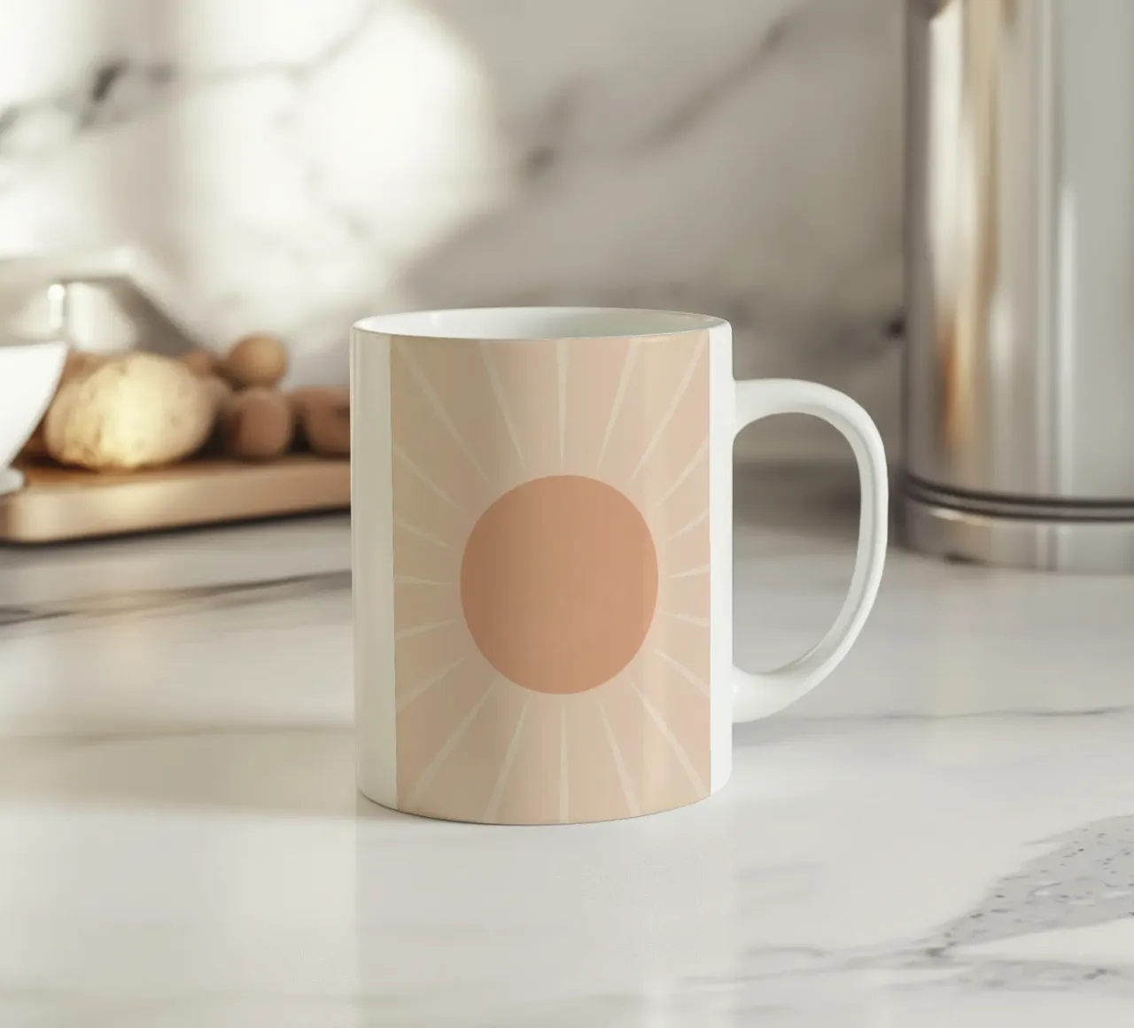 Peach Circle and Rays Background ceramic mug by DesignDoodle
