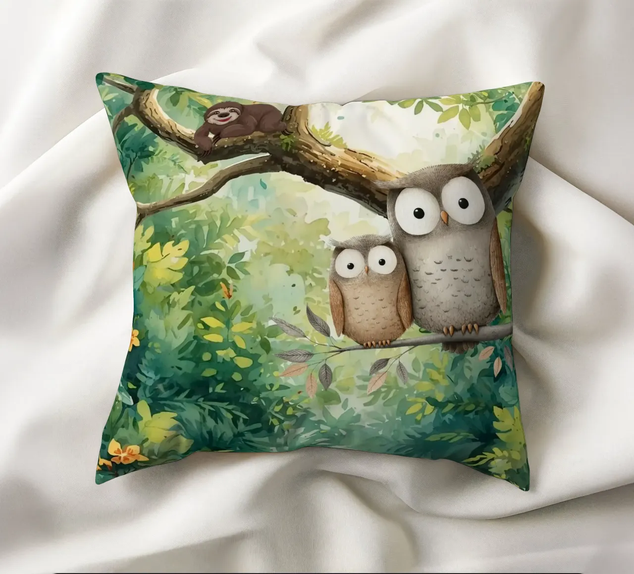 Momento di tenerezza per i gufi in Tropical Haven cuscino da Doodle Dreams Art