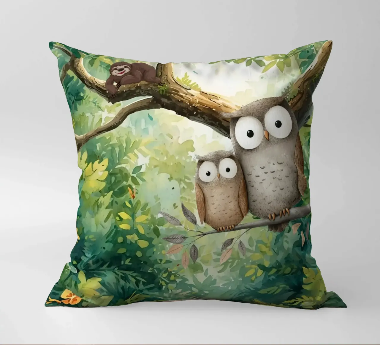 Momento di tenerezza per i gufi in Tropical Haven cuscino da Doodle Dreams Art