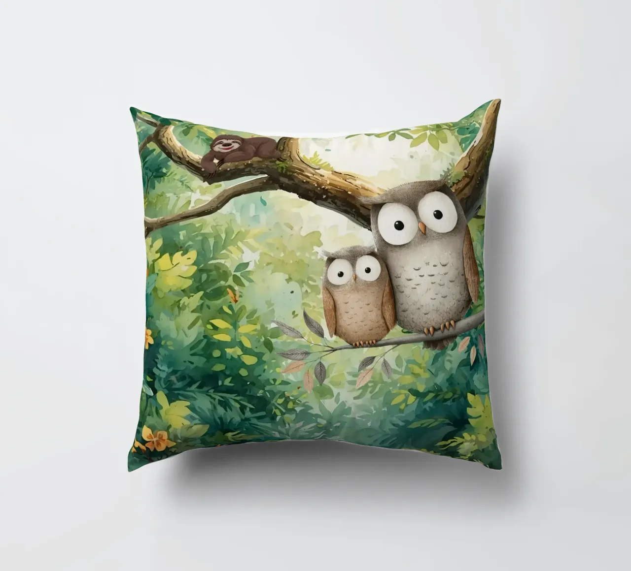 Momento di tenerezza per i gufi in Tropical Haven cuscino da Doodle Dreams Art