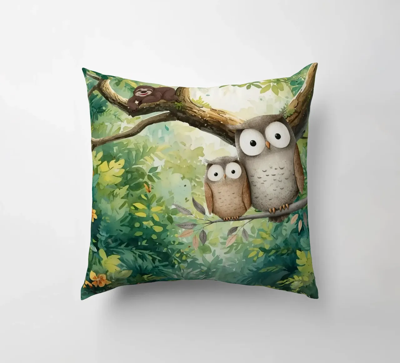 Momento di tenerezza per i gufi in Tropical Haven cuscino da Doodle Dreams Art